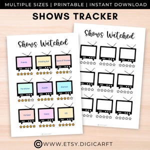 Op de afbeelding: Een printbare tv-serie tracker met een lijst van series om te kijken en een beoordelingssysteem. De tracker heeft een zwart-wit ontwerp met een zwart tv-icoon en gouden sterren.