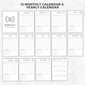 K&ouml;nnte beinhalten: Ein Satz von 12 Monats- und Jahreskalendern in Schwarz und Wei&szlig;. Die Monatskalender haben florale Akzente. Der Text "12 MONTHLY CALENDAR & YEARLY CALENDAR" steht oben. Die Monatskalender bieten Platz f&uuml;r Notizen und Ziele.
