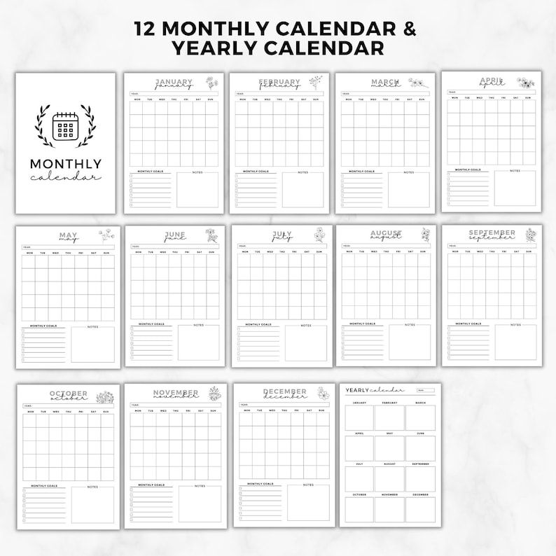 K&ouml;nnte beinhalten: Ein Satz von 12 Monats- und Jahreskalendern in Schwarz und Wei&szlig;. Die Monatskalender haben florale Akzente. Der Text "12 MONTHLY CALENDAR & YEARLY CALENDAR" steht oben. Die Monatskalender bieten Platz f&uuml;r Notizen und Ziele.