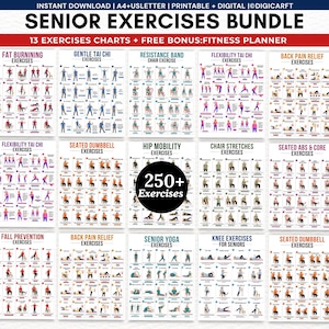May include: A digital bundle of 13 exercise charts for seniors, featuring over 250 illustrated movements. The collection includes titles like Fat Burning, Gentle Tai Chi, Resistance Band, Flexibility, Back Pain Relief, Hip Mobility, and Seated Yoga.