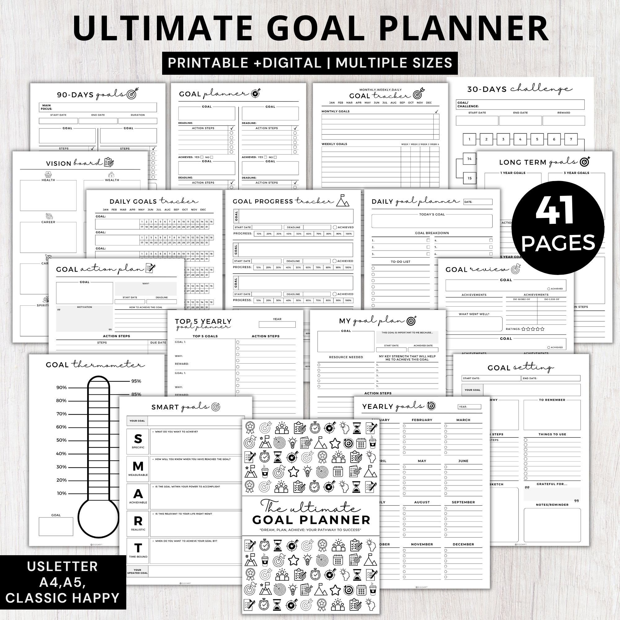 Ultimate Goal planner 2024 do druku, Dzienny, Tygodniowy, Miesięczny, Roczny, Kwartalny, Długoterminowy, Zestaw do inteligentnego wyznaczania celów, Cyfrowy monitor postępu w realizacji celów A5