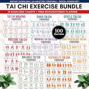 May include: A digital Tai Chi exercise bundle featuring ten instructional charts and a fitness planner. The charts display various movements with illustrations and text labels, including Tai Chi Walking, Chair Tai Chi, and Joint Pain Relief.