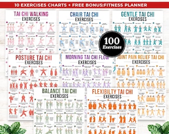 Tai chi exercises for seniors bundle,Walking tai chi for women,Senior workout bundle printable,tai chi chair exercise chart poster for men
