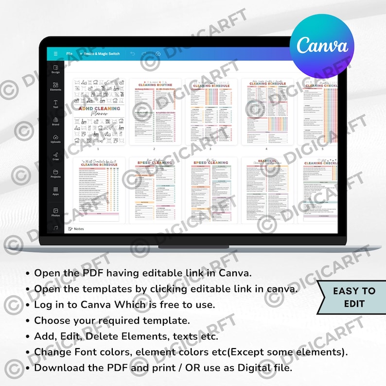 K&ouml;nnte beinhalten: Ein Laptop-Bildschirm zeigt einen digitalen Planer mit verschiedenen Reinigungspl&auml;nen und Checklisten. Der Planer enth&auml;lt Abschnitte f&uuml;r ADHD-Reinigung, Routine und Schnellreinigung. Anweisungen zur Bearbeitung des Planers in Canva sind ebenfalls sichtbar.
