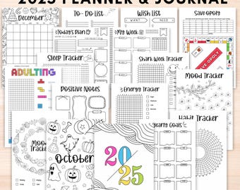 2025 planner and journal bundle printable,Premade bullett journal monthly yearly tracker templates,Digital Bujo pages a5,Colorin journal kit