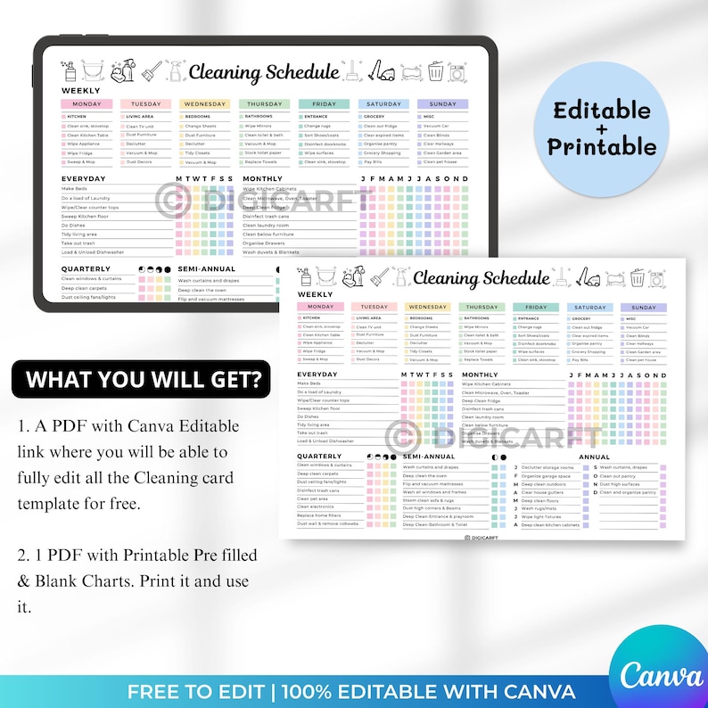 Editable cleaning schedule checklist canva,ADHD Home cleaning planner weekly monthly yearly Semi annualy, Quarterly Clean house schedule printable,house chore chart,Digital cleaning template,Printable cleaning checklist home,Kitchen,Bathroom,Living room,Bedroom Cleaning checklict,All in one cleaning temaplate Pastel colors