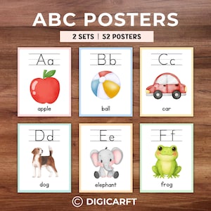 May include: Set of six ABC posters with watercolor illustrations. Each poster features a letter, a corresponding image, and the word. Images include an apple, ball, car, dog, elephant, and frog. The text "ABC POSTERS" is at the top.