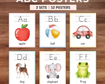 Alfabetposters voor in de klas met foto's, ABC-poster speelkamer afdrukbaar decor, educatieve flashcards, kleuterschool kleuterschool