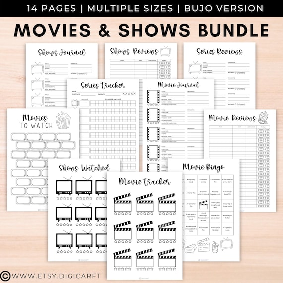 Movie and tv show journal Bundle, A5 Bullet junk Journals Pages Printable,Series tracker log,Movie review,Movies to watch list,Shows tracker