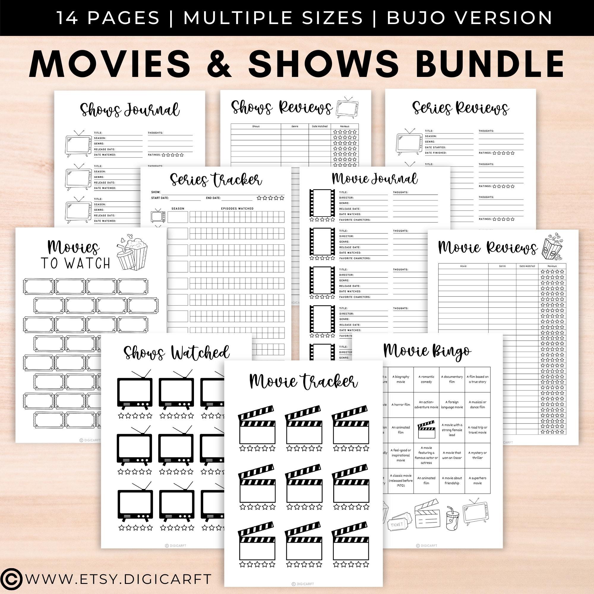 Movie and tv show journal Bundle, A5 Bullet junk Journals Pages Printable,Series tracker log,Movie review,Movies to watch list,Shows tracker