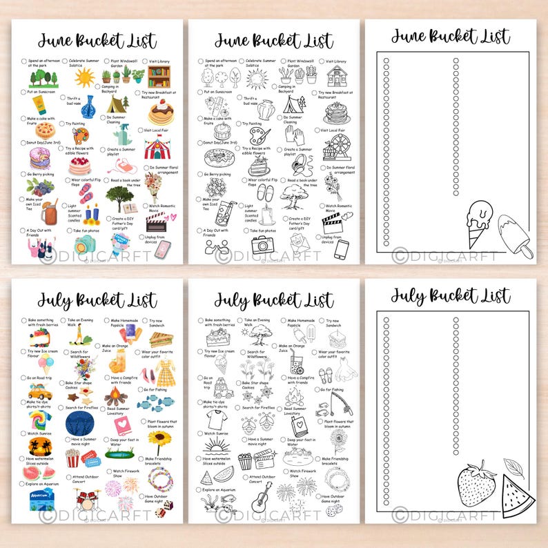 May include: A printable summer bucket list with two pages for June and two pages for July. Each page has a list of activities to do during the summer months, such as going to the park, trying new recipes, and watching fireworks. The June pages have a black and white illustration of an ice cream cone and popsicle. The July pages have a black and white illustration of a watermelon and strawberry.