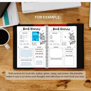 May include: A black and white printable book review journal with sections for book title, author, genre, rating, and review. The journal has a floral design and a red spine.