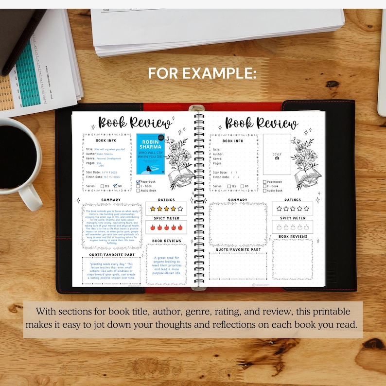 May include: A black and white printable book review journal with sections for book title, author, genre, rating, and review. The journal has a floral design and a red spine.
