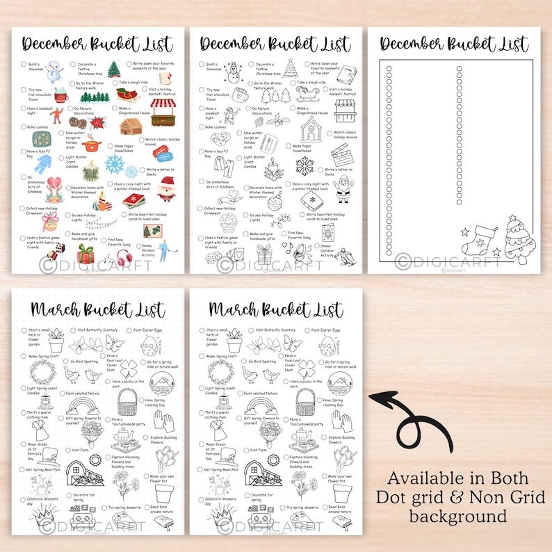 May include: Printable black and white bucket list for December and March. The December list includes activities like building a snowman, decorating a Christmas tree, and writing a letter to Santa. The March list includes activities like starting a small garden, visiting a butterfly sanctuary, and hunting for Easter eggs.