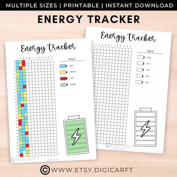Energy tracker journal page printable,Yearly tracker digital download,Bullett journal pre made,A5 journal insert template,Productivity log