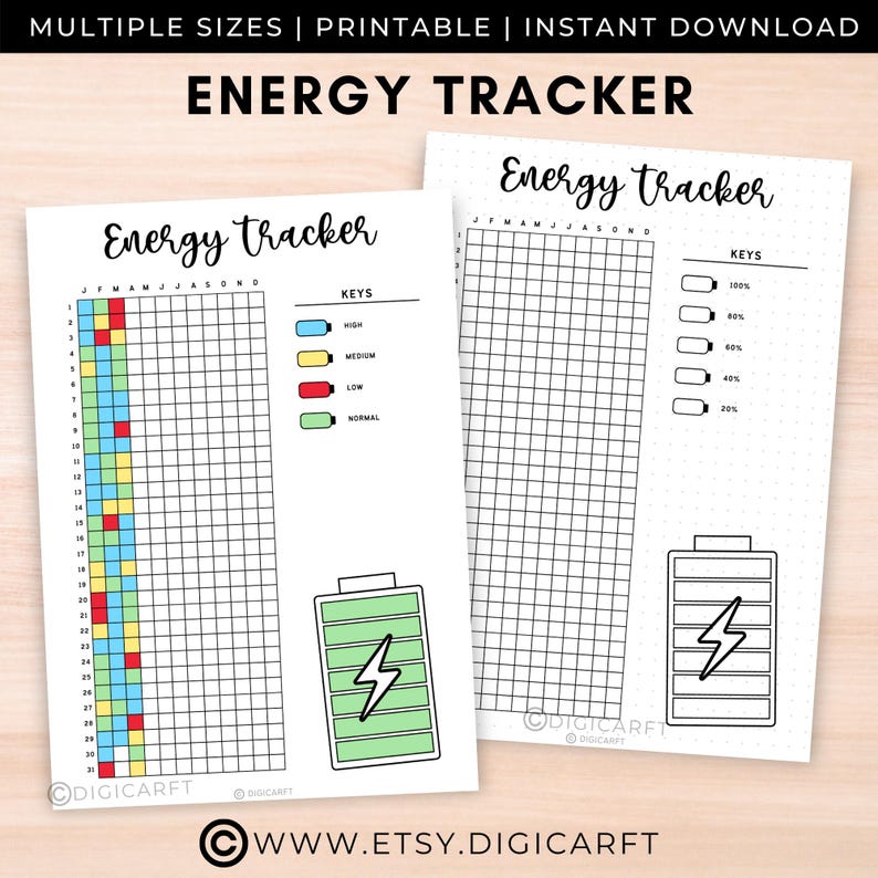 Energy tracker journal page printable,Yearly tracker digital download,Bullett journal pre made,A5 journal insert template,Productivity log