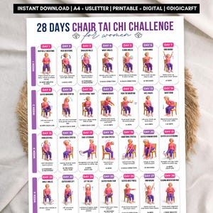 May include: A printable 28-day chair Tai Chi challenge chart for women. The document features a grid of 28 daily exercise boxes, each showing a person in a pink shirt and blue pants sitting on a chair performing a specific movement with text instructions.
