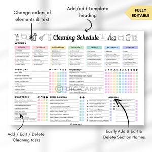 Editable cleaning schedule checklist canva,ADHD Home cleaning planner weekly monthly yearly Semi annualy, Quarterly Clean house schedule printable,house chore chart,Digital cleaning template,Printable cleaning checklist home,Kitchen,Bathroom,Living room,Bedroom Cleaning checklict,All in one cleaning temaplate Pastel colors