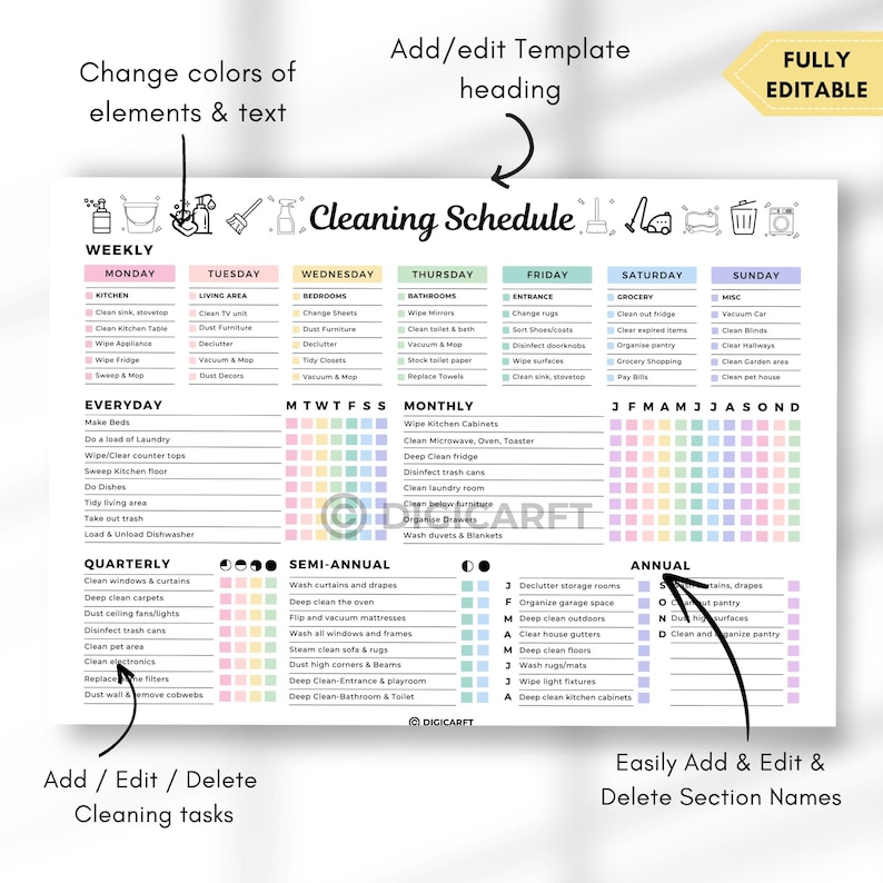 Editable cleaning schedule checklist canva,ADHD Home cleaning planner weekly monthly yearly Semi annualy, Quarterly Clean house schedule printable,house chore chart,Digital cleaning template,Printable cleaning checklist home,Kitchen,Bathroom,Living room,Bedroom Cleaning checklict,All in one cleaning temaplate Pastel colors