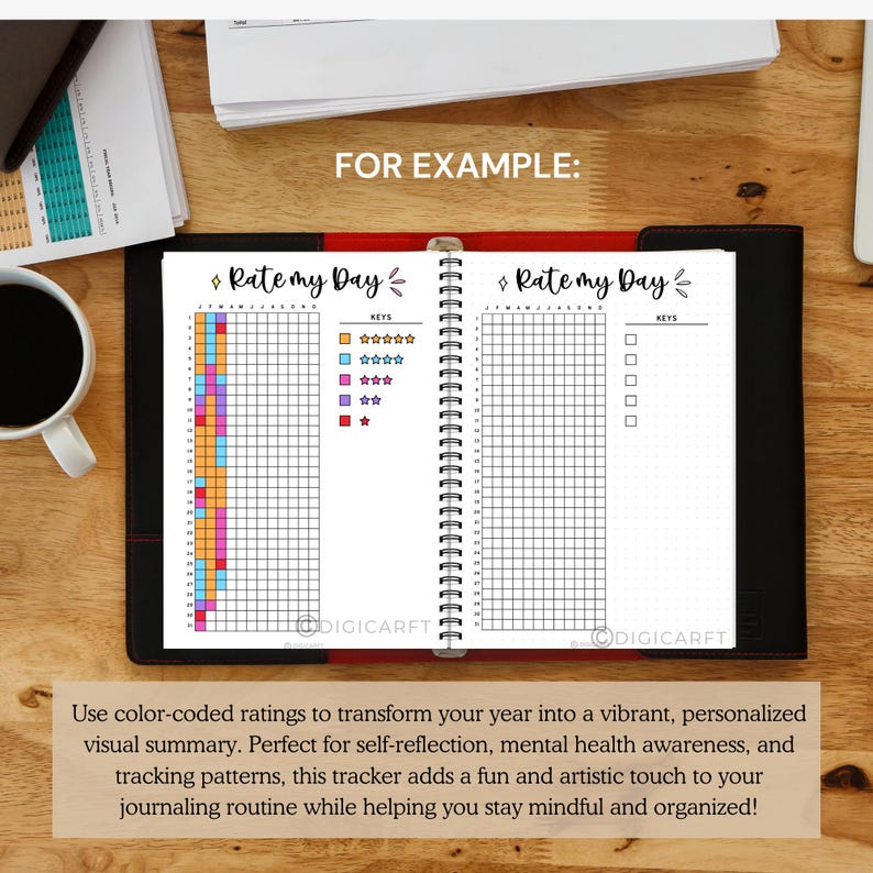 Rate my day tracker journal pages printable,Rate my day planner template Digital,Day rating Bullett journal pixel,Yearly A5 journal insert