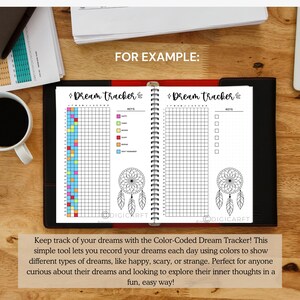 May include: A black and white dream tracker journal with a colour-coded section on the left page. The journal has a spiral binding and features a dreamcatcher illustration on each page. The text "Dream Tracker" is written in black cursive on both pages.