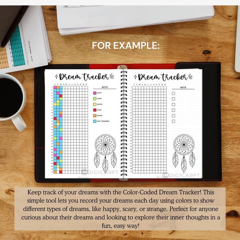 May include: A black and white dream tracker journal with a colour-coded section on the left page. The journal has a spiral binding and features a dreamcatcher illustration on each page. The text "Dream Tracker" is written in black cursive on both pages.