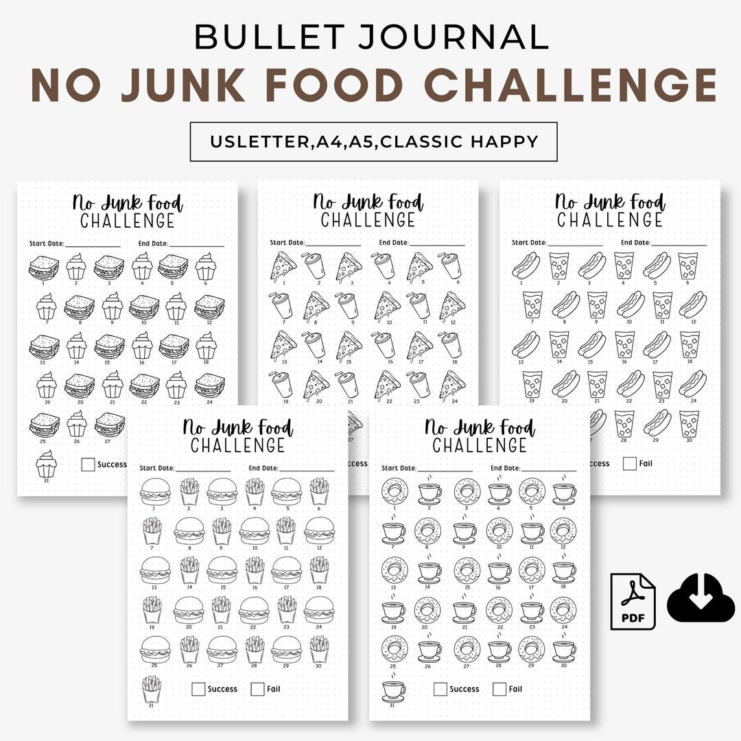 No Junk Food 30 Days Challenge Printable,clean Eating Meal Plan,food