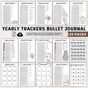 Yearly trackers bundle printable a5,Premade bullett journal pages 2025,Bujo template dotted grid pages,Bulet journal binder,Year at a glance