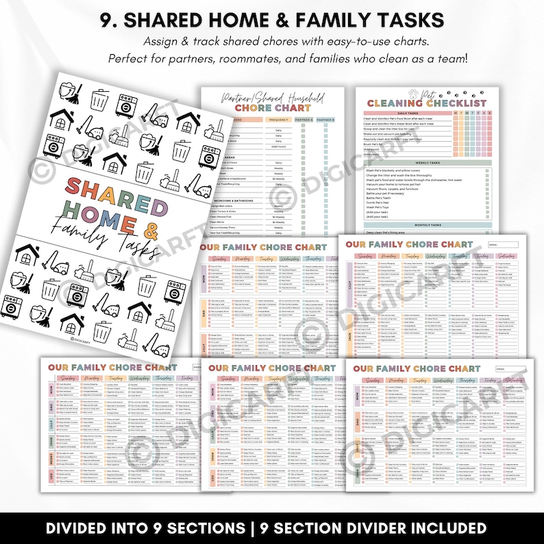 Partner/Shared Household Chore Chart
Pet Cleaning Checklist
Our Family Chore Chart (6, 5, 4, 3, 2 People), Family responsibility charts
