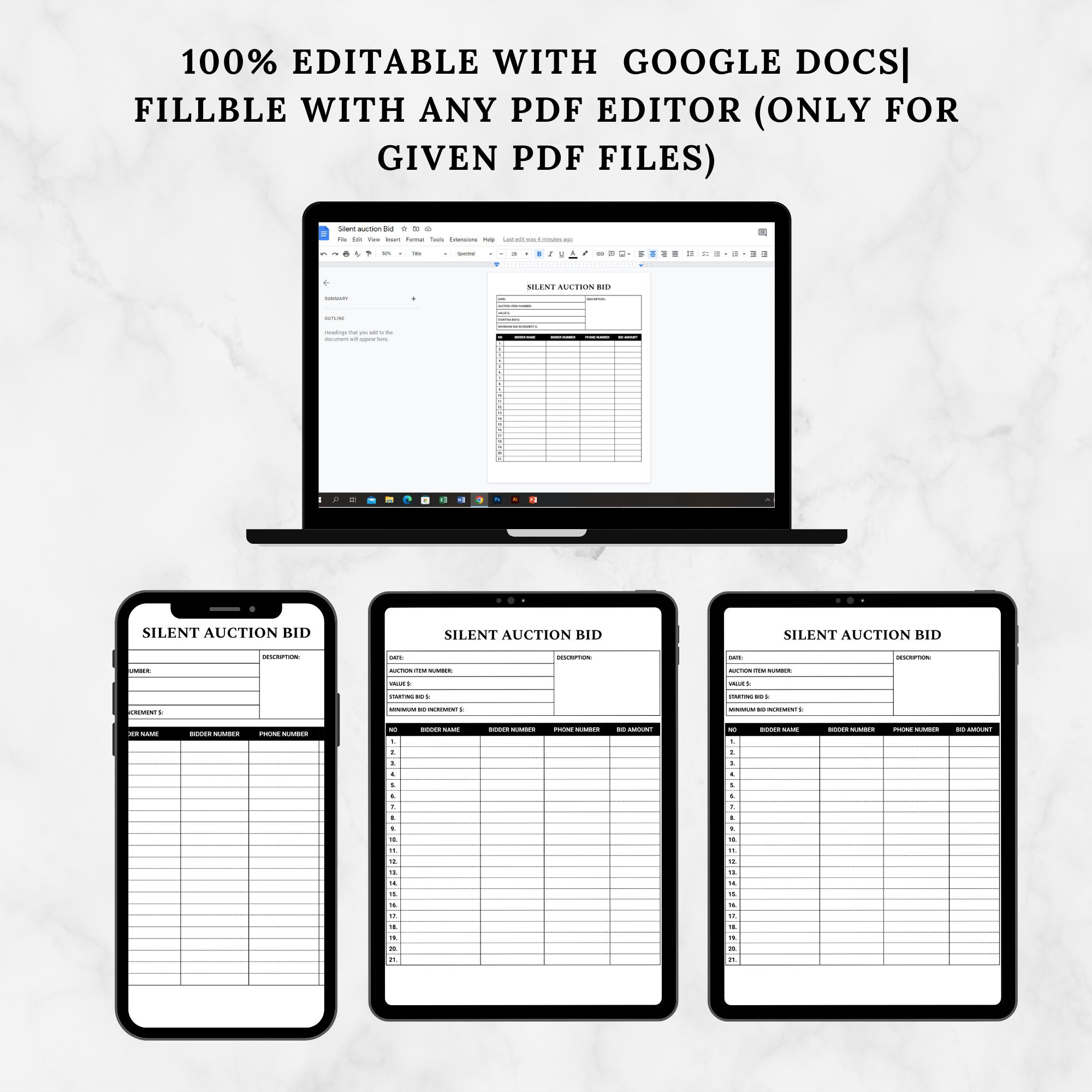 Silent Auction Bid Sheet Template Editablesilent Auction Bid - Etsy