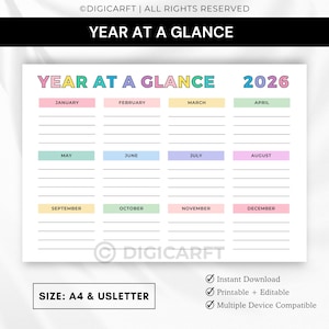 2026 year at a glance calendar printable,Rainbow yearly planner 2026 inserts pdf,Full year calendar poster 2026,2026 wall calendar template