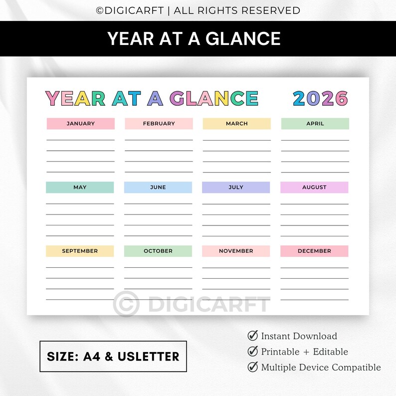 2026 year at a glance calendar printable,Rainbow yearly planner 2026 inserts pdf,Full year calendar poster 2026,2026 wall calendar template