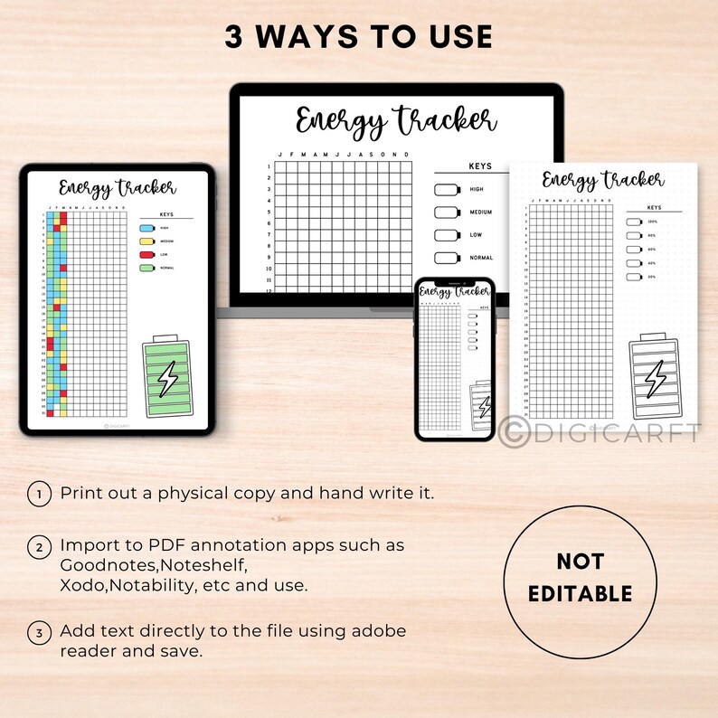 Energy tracker journal page printable,Yearly tracker digital download,Bullett journal pre made,A5 journal insert template,Productivity log