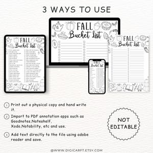 Pode incluir: Uma lista de tarefas de outono digital exibida em um tablet, laptop, smartphone e papel impresso. A lista inclui ilustra&ccedil;&otilde;es com temas de outono e o texto "FALL Bucket List". A imagem tamb&eacute;m mostra instru&ccedil;&otilde;es.