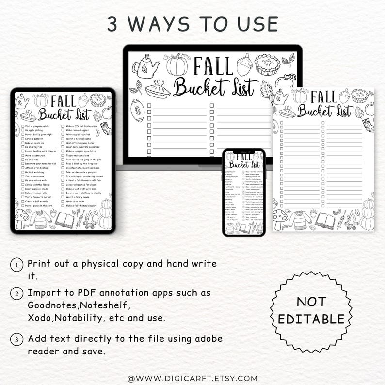 Pode incluir: Uma lista de tarefas de outono digital exibida em um tablet, laptop, smartphone e papel impresso. A lista inclui ilustra&ccedil;&otilde;es com temas de outono e o texto "FALL Bucket List". A imagem tamb&eacute;m mostra instru&ccedil;&otilde;es.