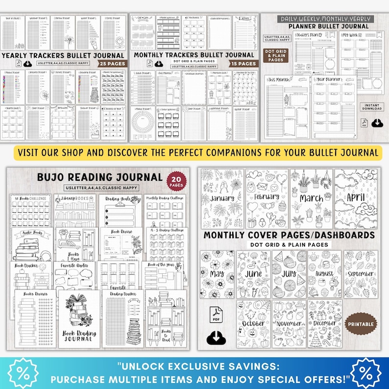 Puede incluir: Una colecci&oacute;n de p&aacute;ginas imprimibles de bullet journal, que incluyen rastreadores anuales, mensuales y diarios, diarios de lectura y p&aacute;ginas de portada. Las p&aacute;ginas presentan varios dise&ntilde;os y dise&ntilde;os, con el texto "Yearly Trackers Bullet Journal" y "Monthly Trackers Bullet Journal".