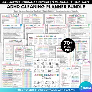 Reinigungsplan-Paket für Kinder mit ADHS, bearbeitbarer Reinigungsplan (Canva), monatliche Reinigungscheckliste (PDF), 30-Tage-Entrümpelungsplan, Familien-Aufgabenplan für Kinder