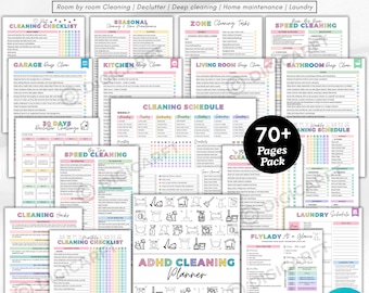 Pacchetto di pianificazione delle pulizie per persone con ADHD, programma di pulizia domestica modificabile su Canva, lista di controllo mensile delle pulizie in PDF, riordino di 30 giorni, tabella delle faccende domestiche per bambini