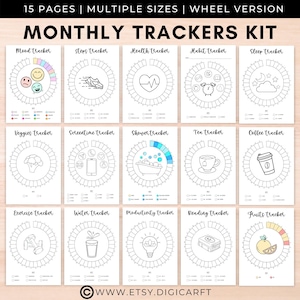May include: A collection of printable monthly trackers with various themes, including mood, steps, health, and sleep. Each tracker features a circular design with illustrations and space for daily entries. The text "MONTHLY TRACKERS KIT" is at the top.