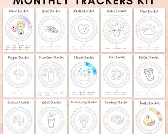 Monthly trackers bundle printable a5 bullett journal pages,Monthly mood Habit water shower reading tracker 2025,Premade bullett journal book
