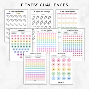 May include: Printable fitness challenge tracker sheets with colorful pastel backgrounds. The sheets include trackers for steps, water intake, workouts, weight loss, and miles. The trackers are designed to help you stay motivated and on track with your fitness goals.