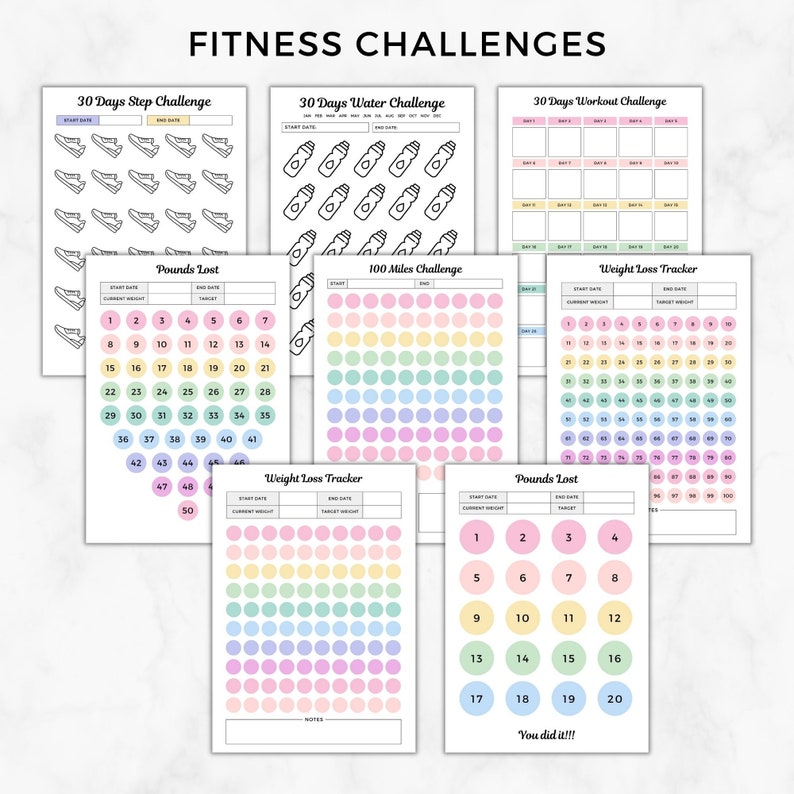 May include: Printable fitness challenge tracker sheets with colorful pastel backgrounds. The sheets include trackers for steps, water intake, workouts, weight loss, and miles. The trackers are designed to help you stay motivated and on track with your fitness goals.