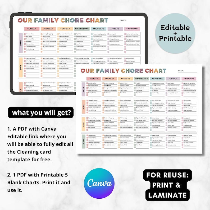 Editable Family Chore Chart: Weekly Planner, Canva Template (digital ...