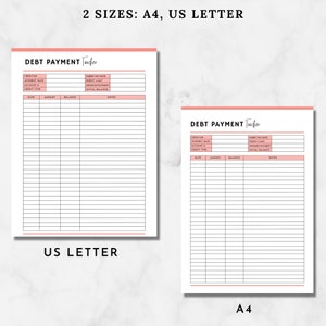May include: Two printable debt payment tracker sheets in US Letter and A4 sizes. The sheets have columns for creditor, interest rate, account number, credit type, date, amount, balance, target pay date, credit limit, minimum payment, and initial balance. There is also a notes column.