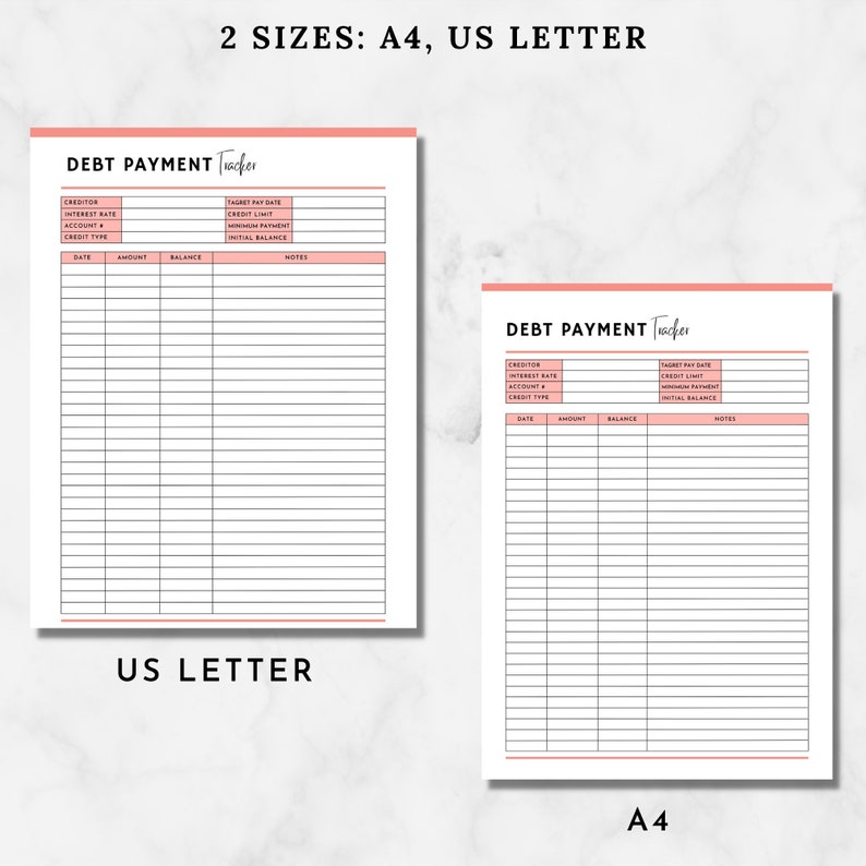 May include: Two printable debt payment tracker sheets in US Letter and A4 sizes. The sheets have columns for creditor, interest rate, account number, credit type, date, amount, balance, target pay date, credit limit, minimum payment, and initial balance. There is also a notes column.