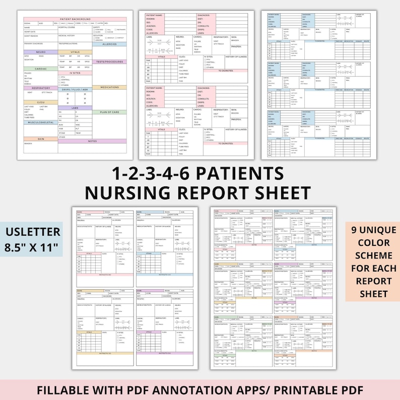 May include: Printable nursing report sheet template for 1-2-3-4-6 patients. The sheet is divided into sections for patient background, vital signs, medications, and more. It is designed to be filled out with PDF annotation apps. The sheet is 8.5 inches by 11 inches.
