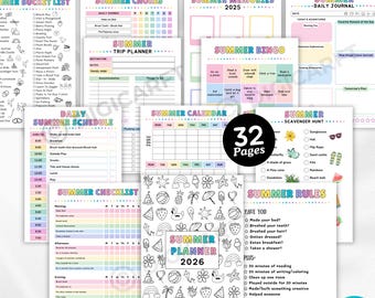 Zomerplanner 2026 voor kinderen afdrukbaar, bewerkbare poster checklist zomerregels, zomerbucketlist digitaal, zomerkalender activiteitengrafiek pdf