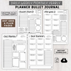 Peut inclure: Un carnet de planification bullet journal imprimable avec des pages pour la planification quotidienne, hebdomadaire, mensuelle et annuelle. Les pages sont conçues avec une grille de points et une mise en page simple. Le planificateur comprend des sections pour les listes de tâches, les événements, les objectifs et les notes.