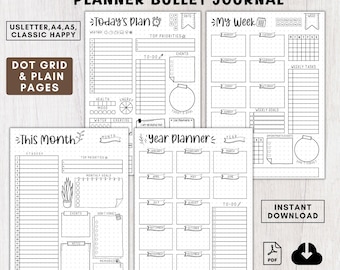 Peut inclure: Un carnet de planification bullet journal imprimable avec des pages pour la planification quotidienne, hebdomadaire, mensuelle et annuelle. Les pages sont conçues avec une grille de points et une mise en page simple. Le planificateur comprend des sections pour les listes de tâches, les événements, les objectifs et les notes.