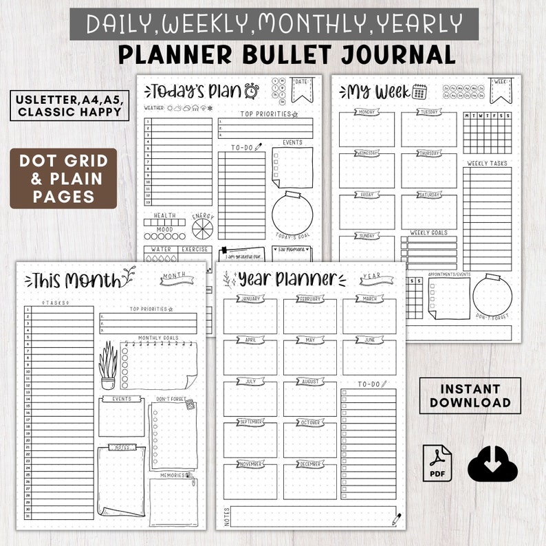 May include: A printable planner bullet journal with pages for daily, weekly, monthly, and yearly planning. The pages are designed with a dot grid and plain layout. The planner includes sections for to-do lists, events, goals, and notes.